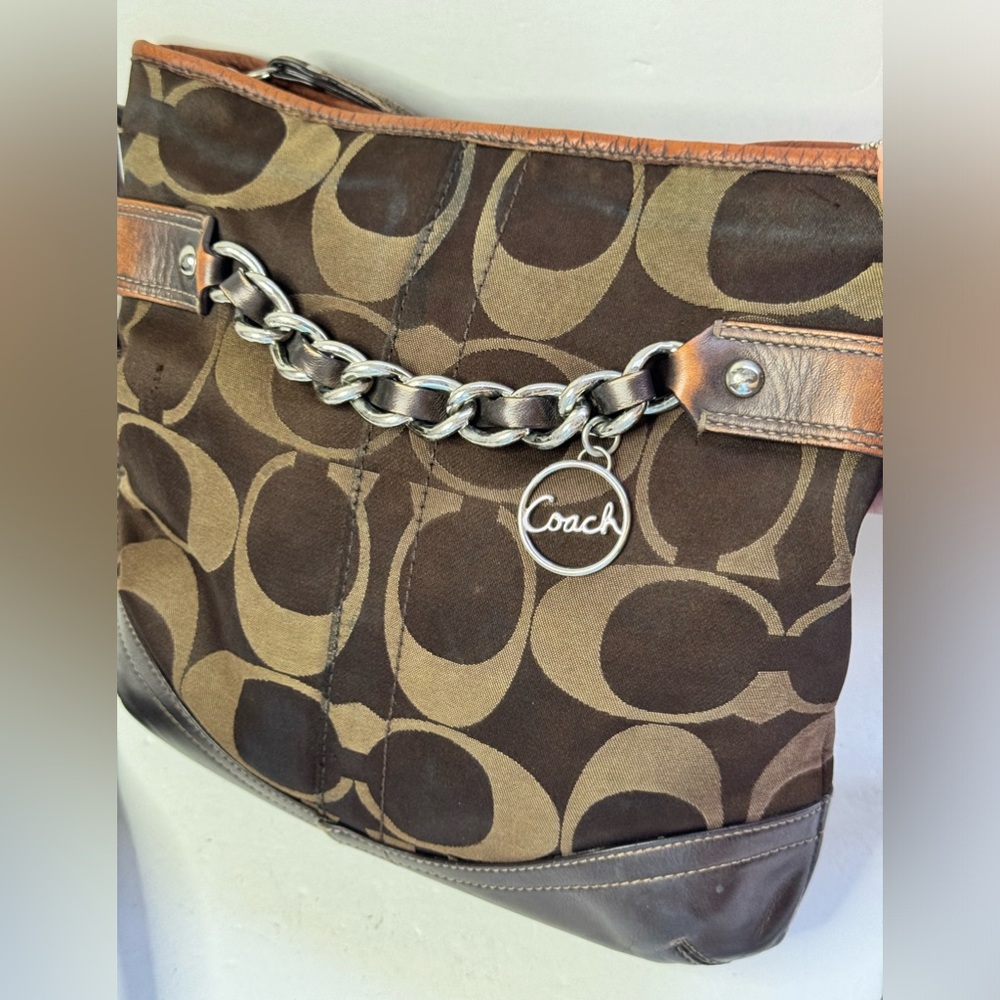 Coach Brown/Bronze Signature Monogram Chain Accent Purse Crossbody Handbag - Picture 2 of 12